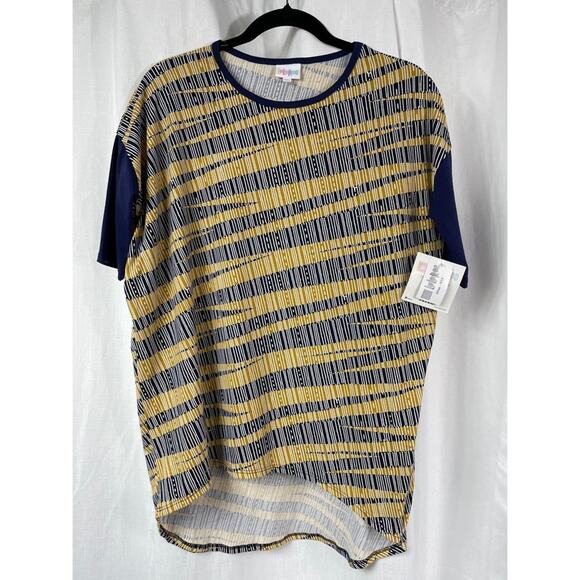 LuLaRoe Tops - LuLaRoe Irma Top Striped Oversized Short Sleeve Blue Yellow